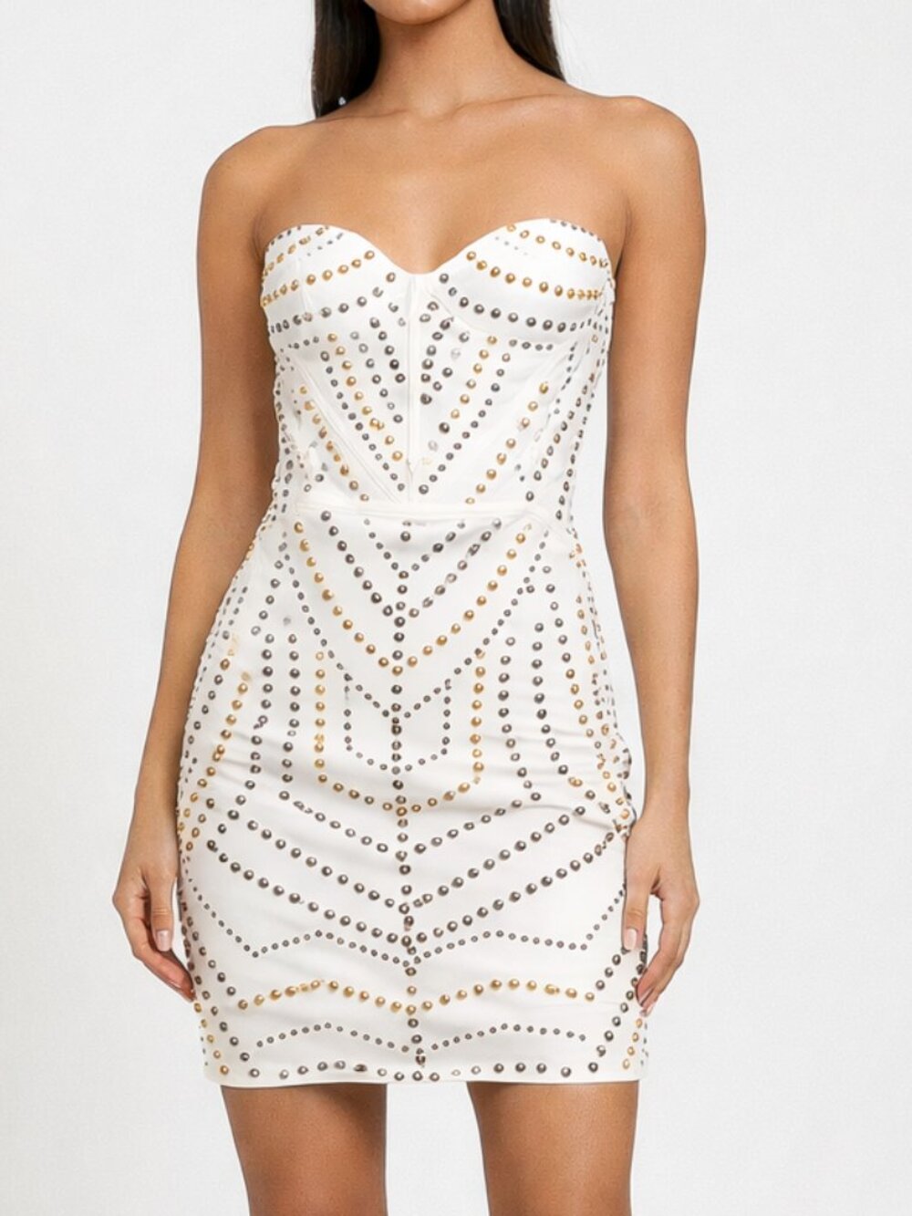 White Beaded Bustier Mini Dress Gold Silver Studs NWT Party Vegas